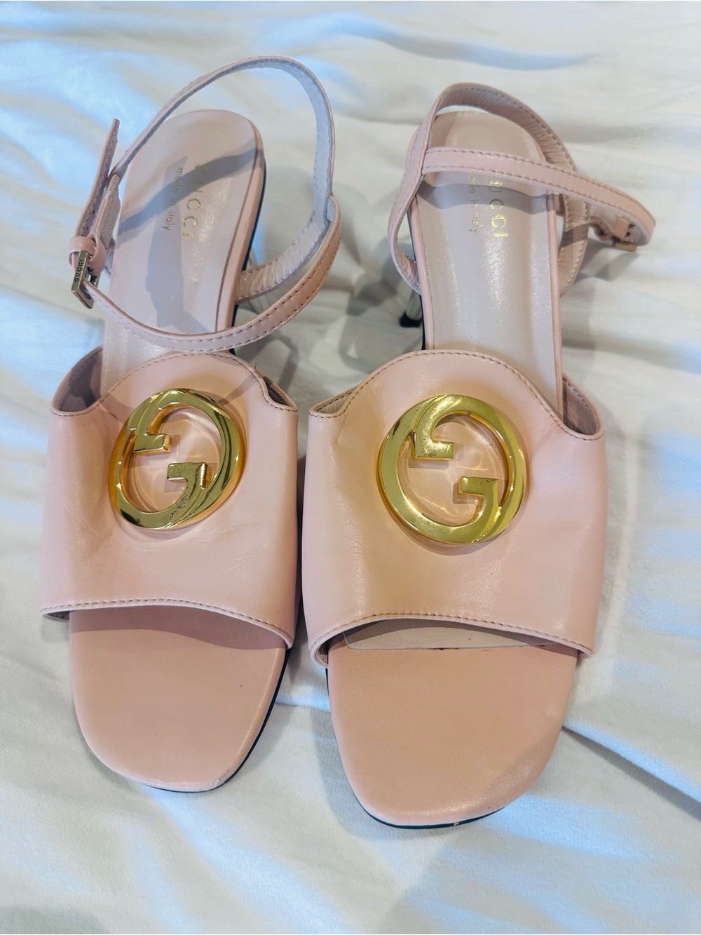 Gucci Blush Pink/Nude Leather Open-Toe Heels with Gold Double G